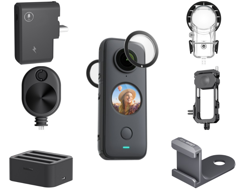 Insta360 One X2 accessories. Top to bottom, left to right: mic adapter, bullet time cord, quick charger, lens guards, dive case, utility frame, cold shoe